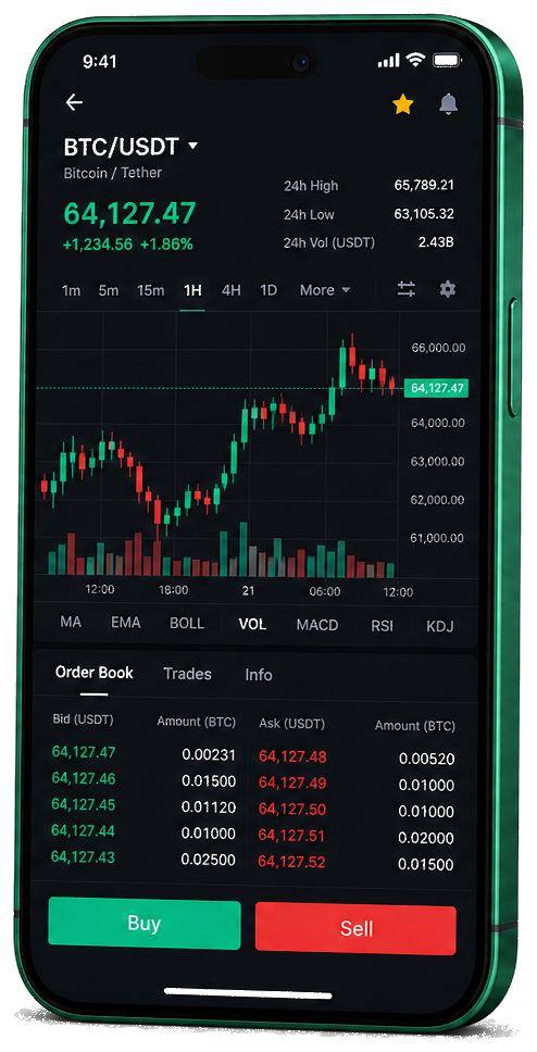 Mobiele handelsinterface van Valoroluckx — live BTC/USDT-grafiek met orderboek en functies voor kopen en verkopen